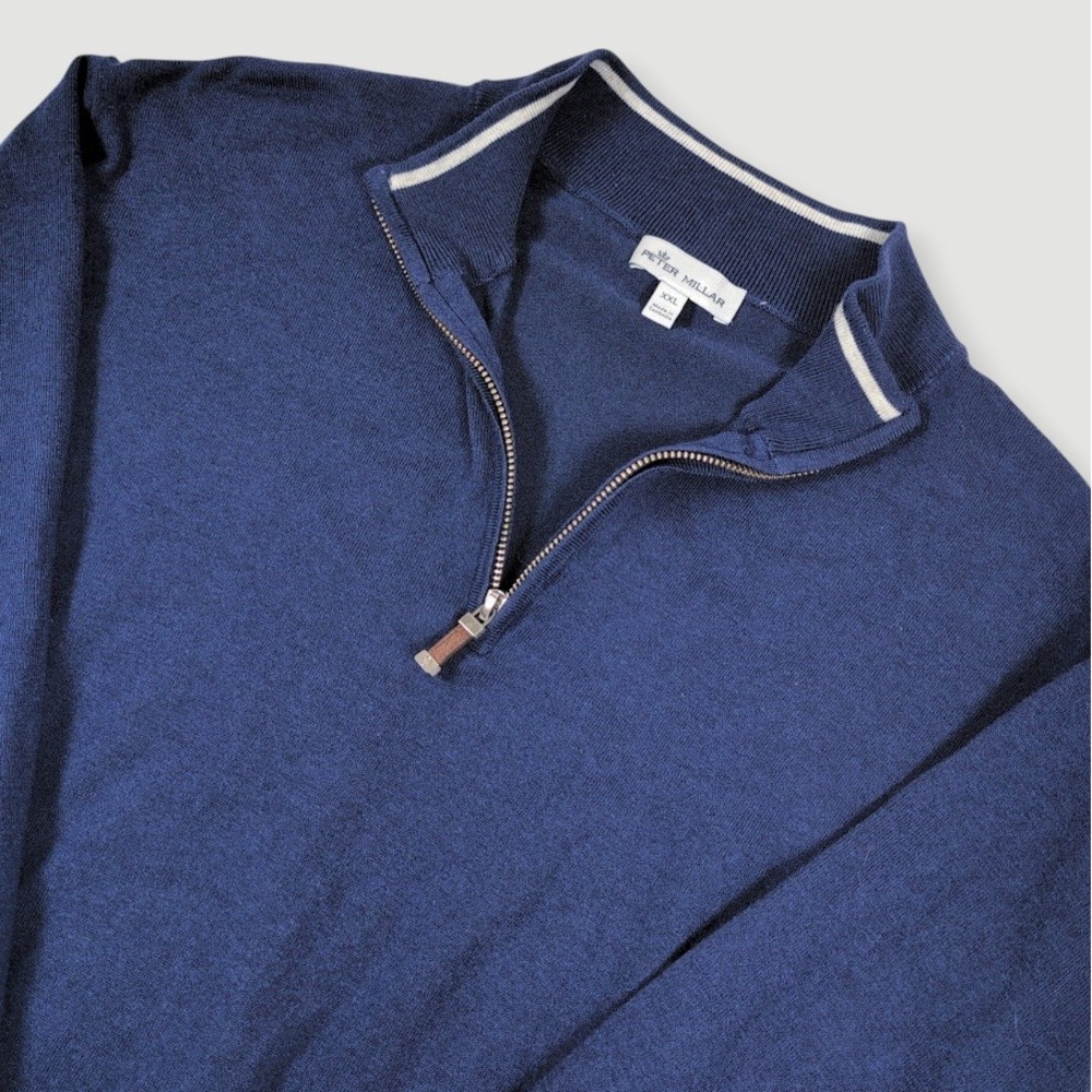 Peter Millar Crest Crown Soft Quarter Zip Mens XXL Blue Cotton Silk Blend Casual